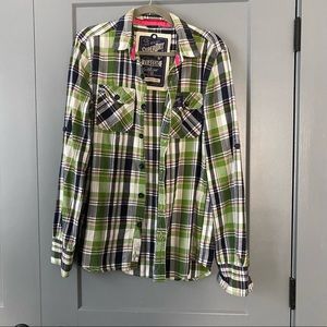 EUC Superdry Flannel - green, pink, navy plaid